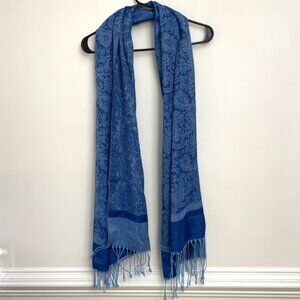 Pashmina Scarf Shawl Wrap Blue Paisley Floral Fringed Silk Blend